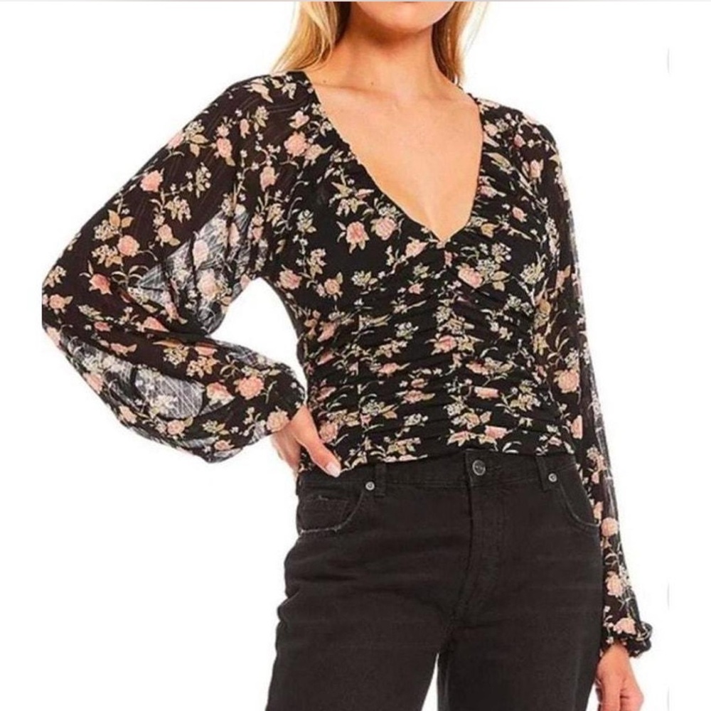 Free People Black Floral Ruffled Blouse
